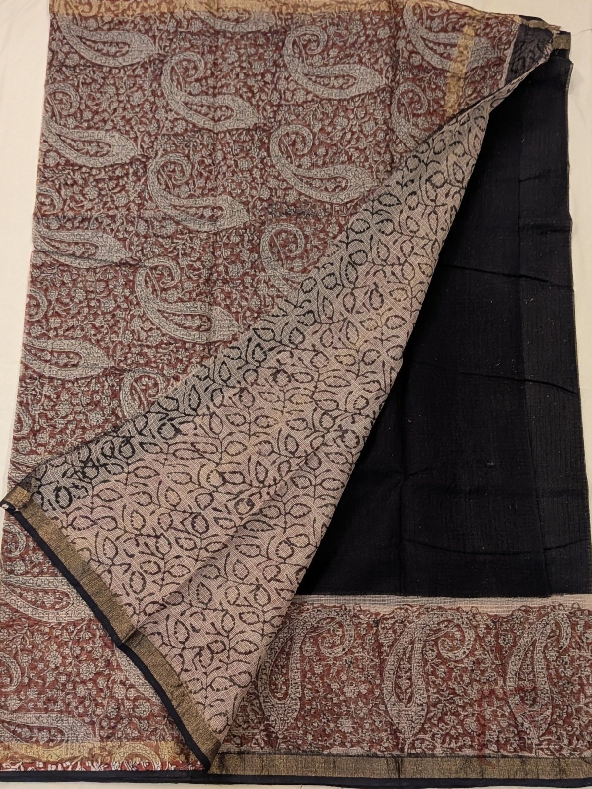 Kota Katha – Black and Rust Kota Doria Saree with Paisley and Jaal Block Print and Beige Blouse - Image 2