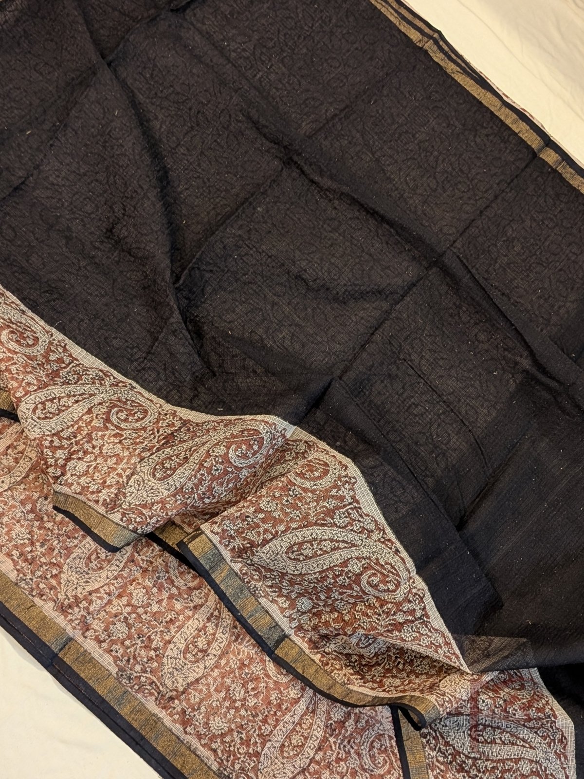 Kota Katha – Black and Rust Kota Doria Saree with Paisley and Jaal Block Print and Beige Blouse - Image 3