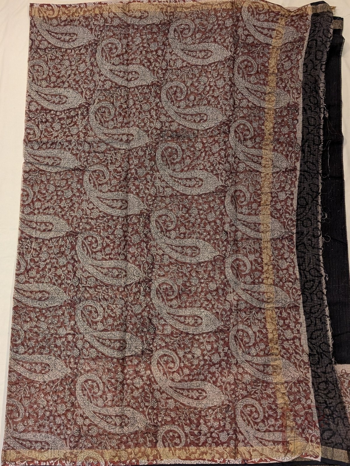 Kota Katha – Black and Rust Kota Doria Saree with Paisley and Jaal Block Print and Beige Blouse - Image 5