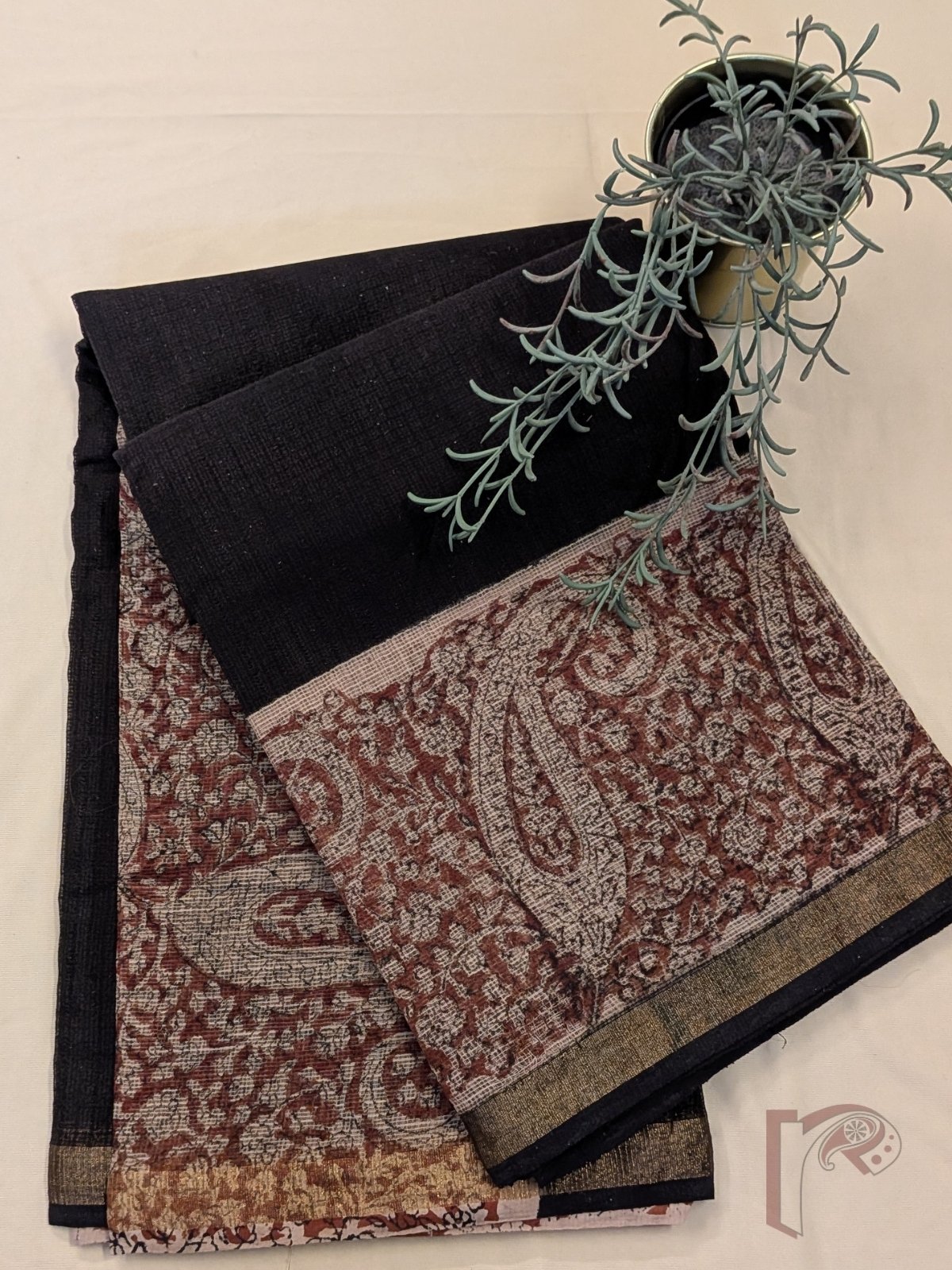Kota Katha – Black and Rust Kota Doria Saree with Paisley and Jaal Block Print and Beige Blouse - Image 6