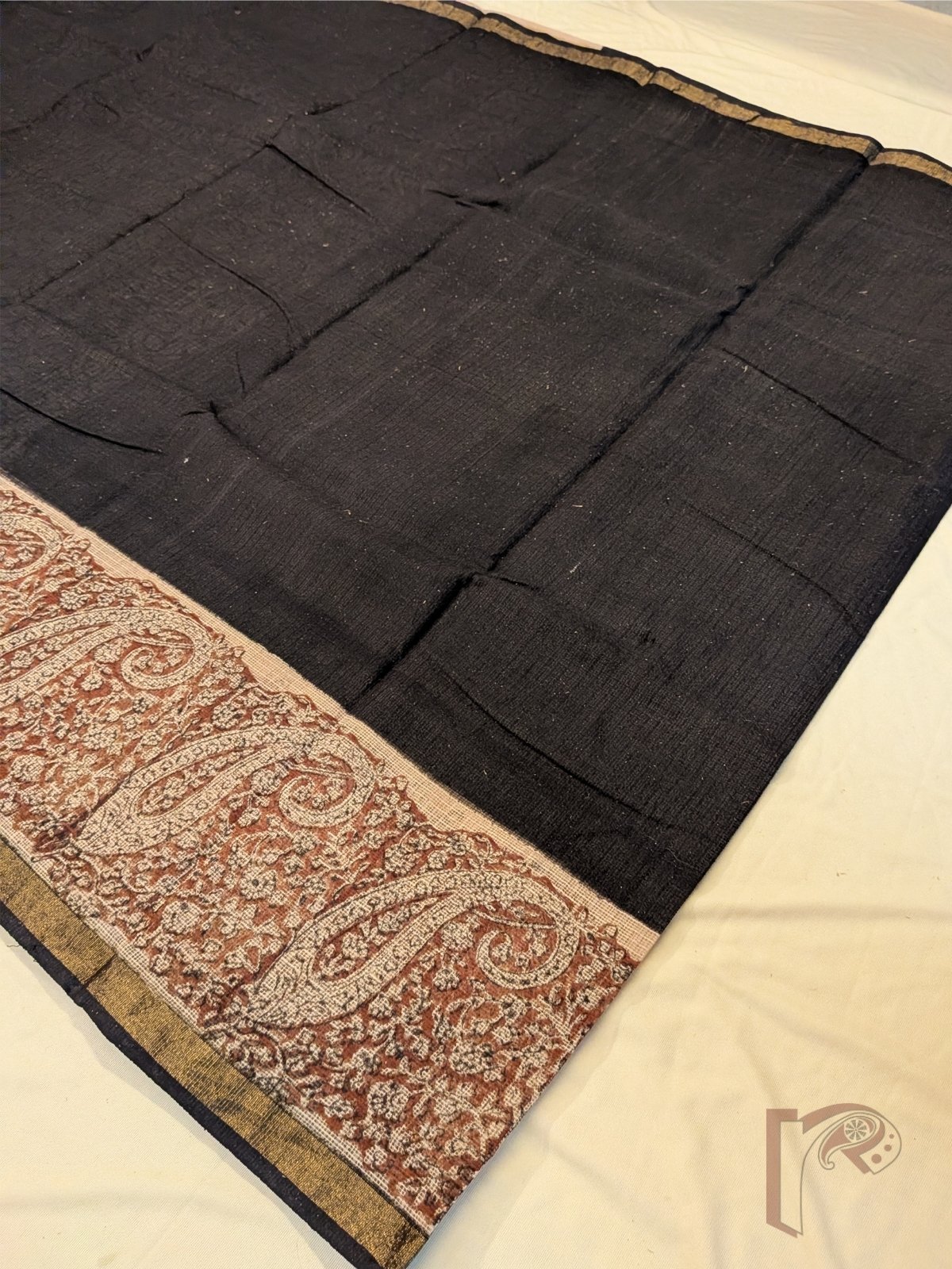 Kota Katha – Black and Rust Kota Doria Saree with Paisley and Jaal Block Print and Beige Blouse - Image 7