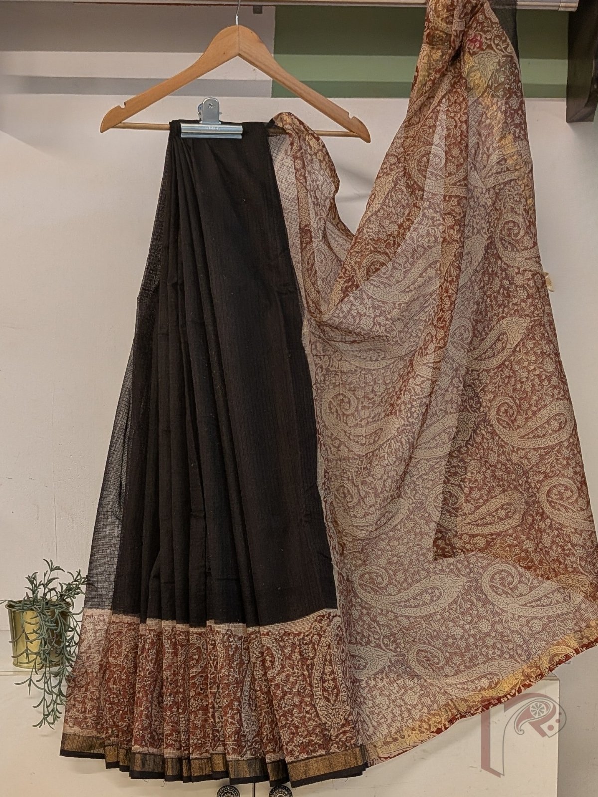 Kota Katha – Black and Rust Kota Doria Saree with Paisley and Jaal Block Print and Beige Blouse