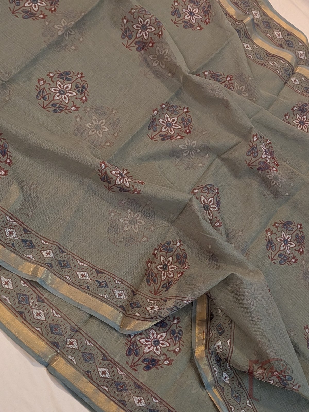 Kota Katha – Sage Green Kota Doria Saree with Rust Indigo Floral Butas and Gold Zari Border - Image 3