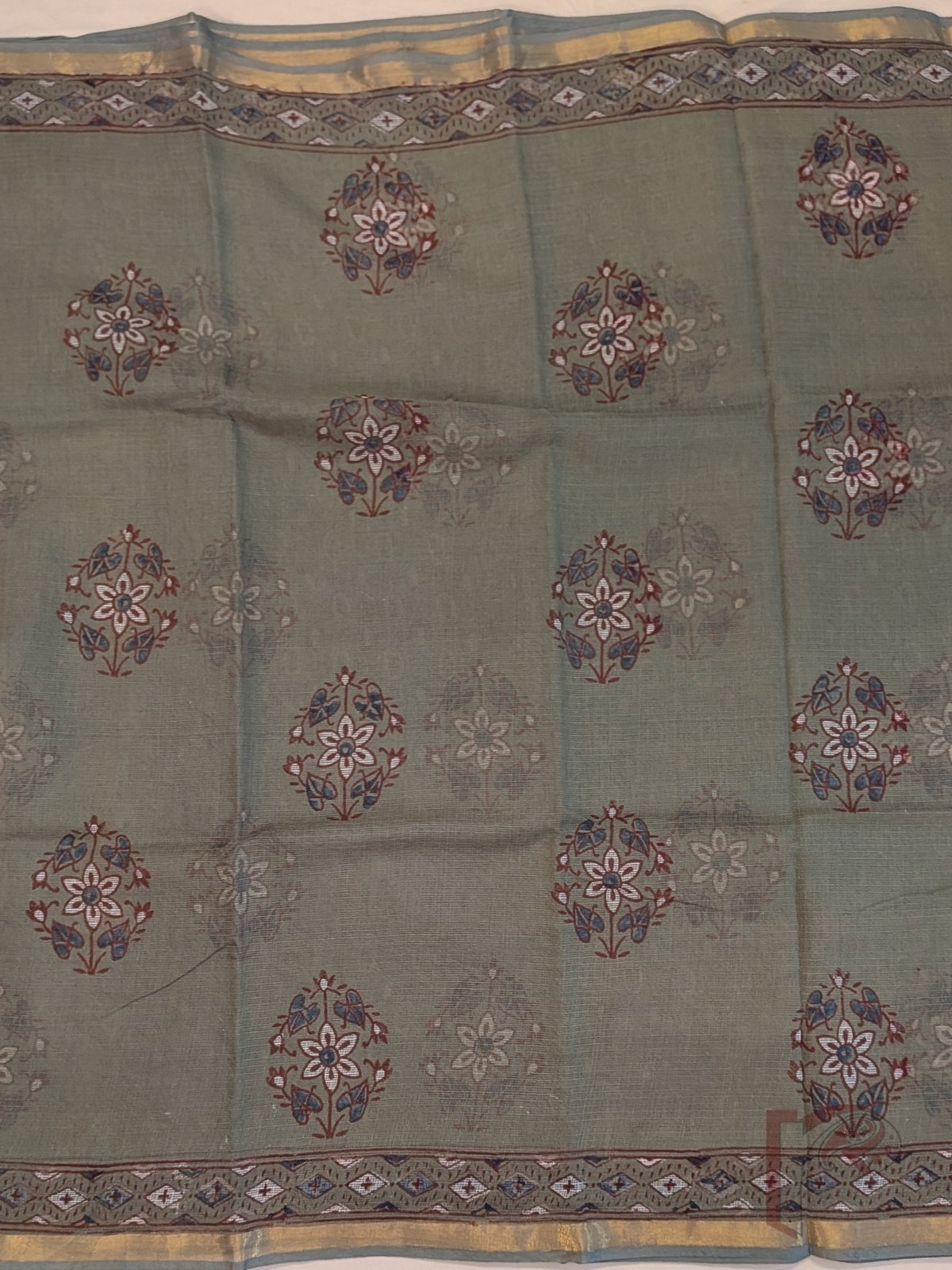 Kota Katha – Sage Green Kota Doria Saree with Rust Indigo Floral Butas and Gold Zari Border - Image 4