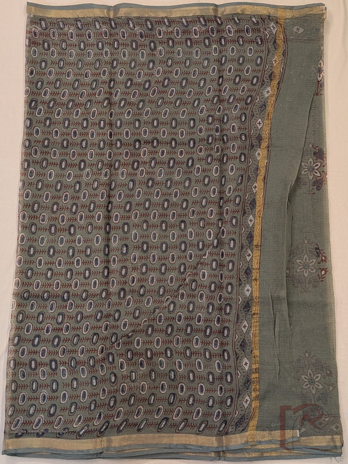 Kota Katha – Sage Green Kota Doria Saree with Rust Indigo Floral Butas and Gold Zari Border - Image 5