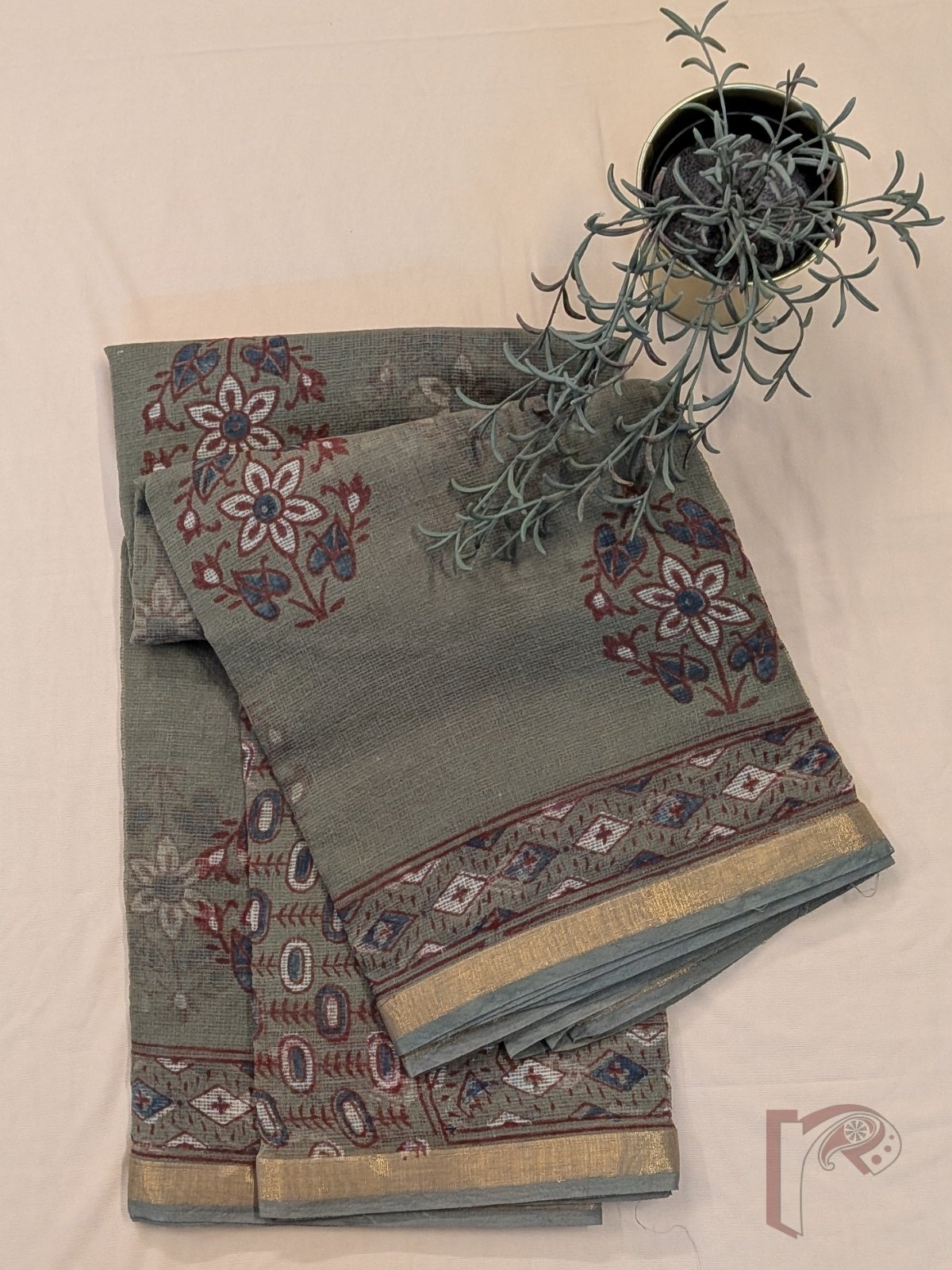 Kota Katha – Sage Green Kota Doria Saree with Rust Indigo Floral Butas and Gold Zari Border - Image 6