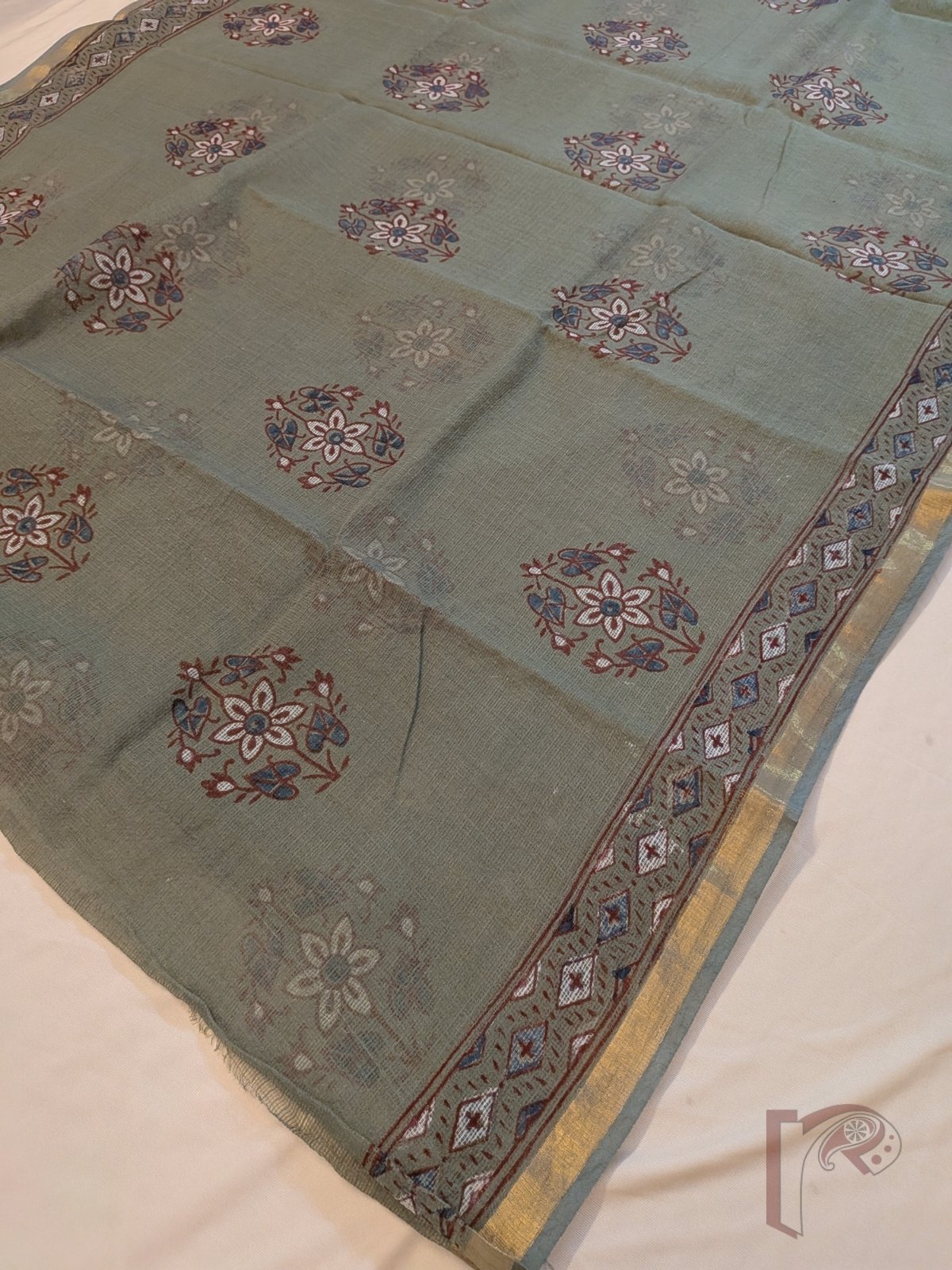 Kota Katha – Sage Green Kota Doria Saree with Rust Indigo Floral Butas and Gold Zari Border - Image 7