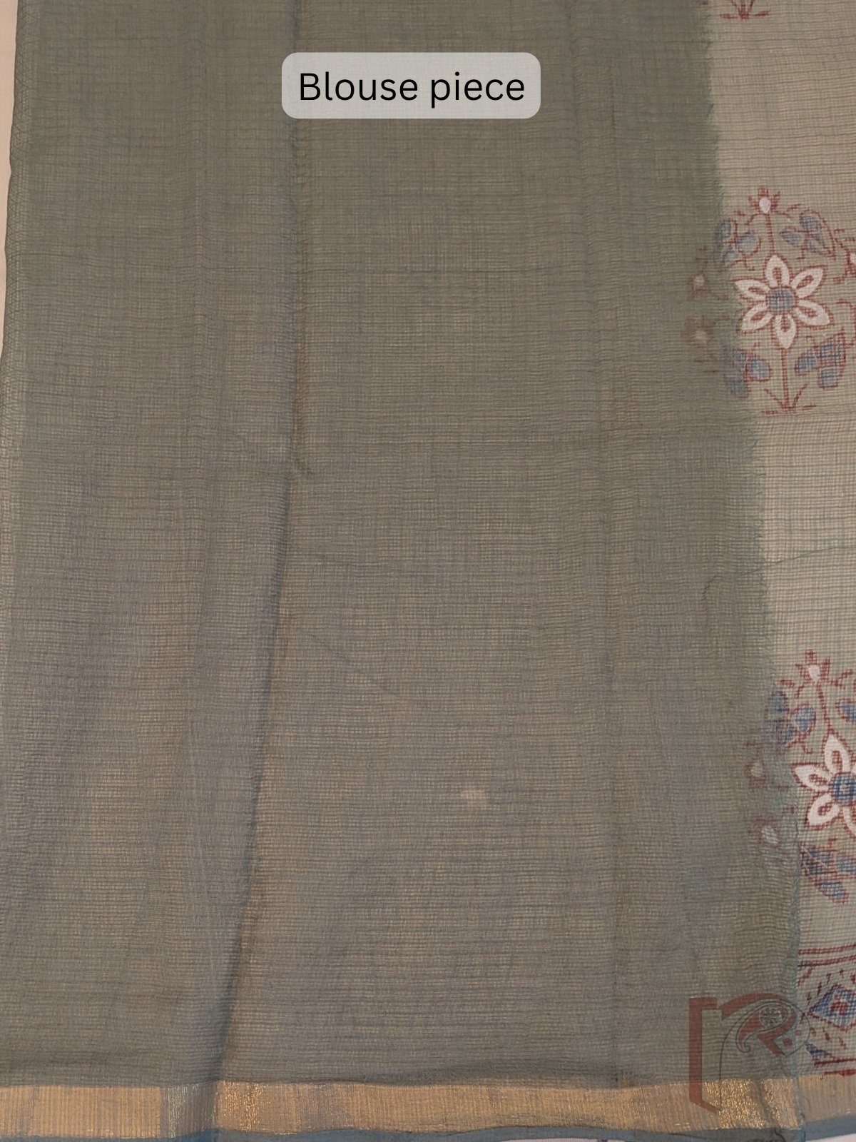 Kota Katha – Sage Green Kota Doria Saree with Rust Indigo Floral Butas and Gold Zari Border - Image 8