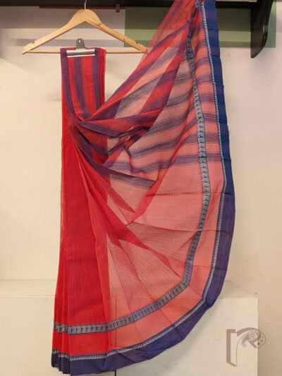Cotton Chronicles: Bright Peach Narayanpet Cotton Saree with Blue Striped Pallu and White Temple Border