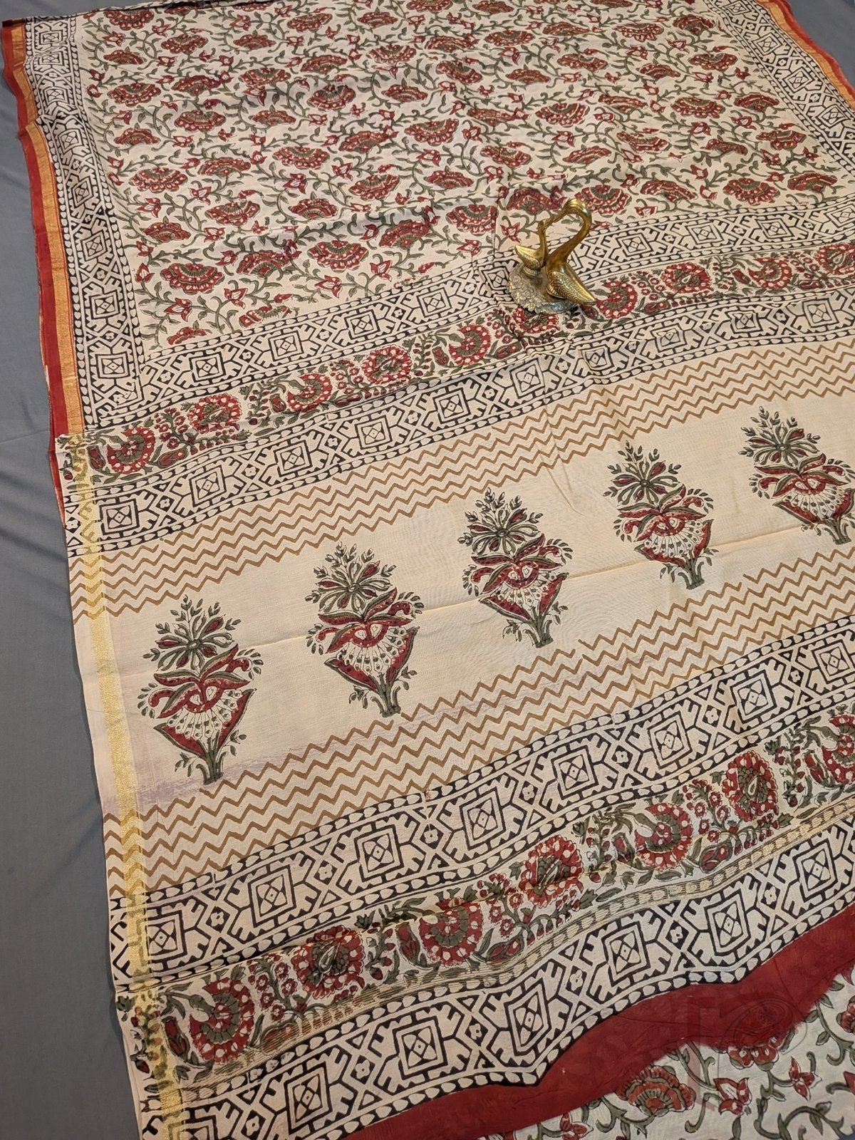 Chanderi Charisma - Cream Brick Red Olive Green Floral Creeper Kalamkari Cotton Silk Chanderi Saree - Image 3