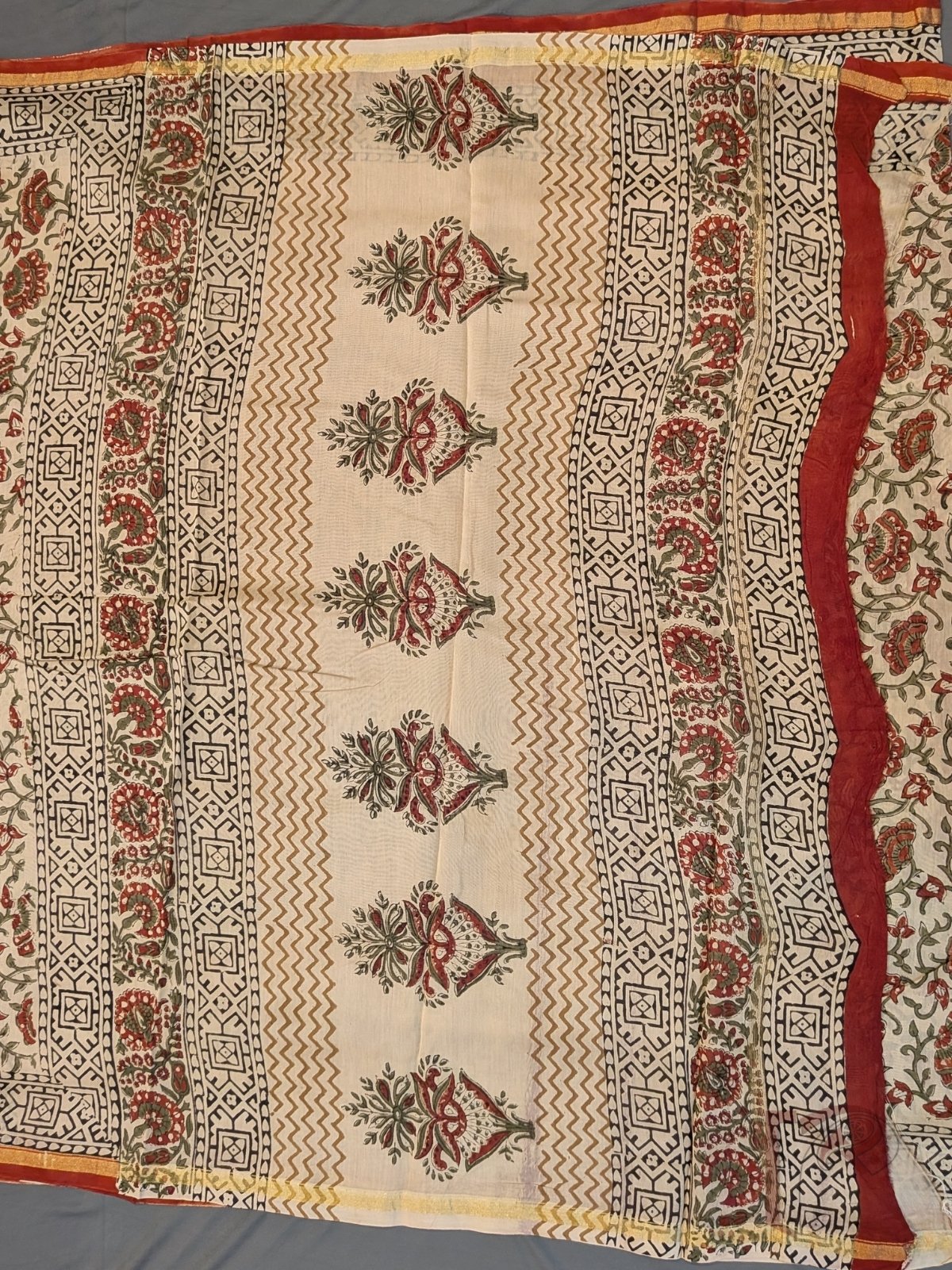 Chanderi Charisma - Cream Brick Red Olive Green Floral Creeper Kalamkari Cotton Silk Chanderi Saree - Image 5