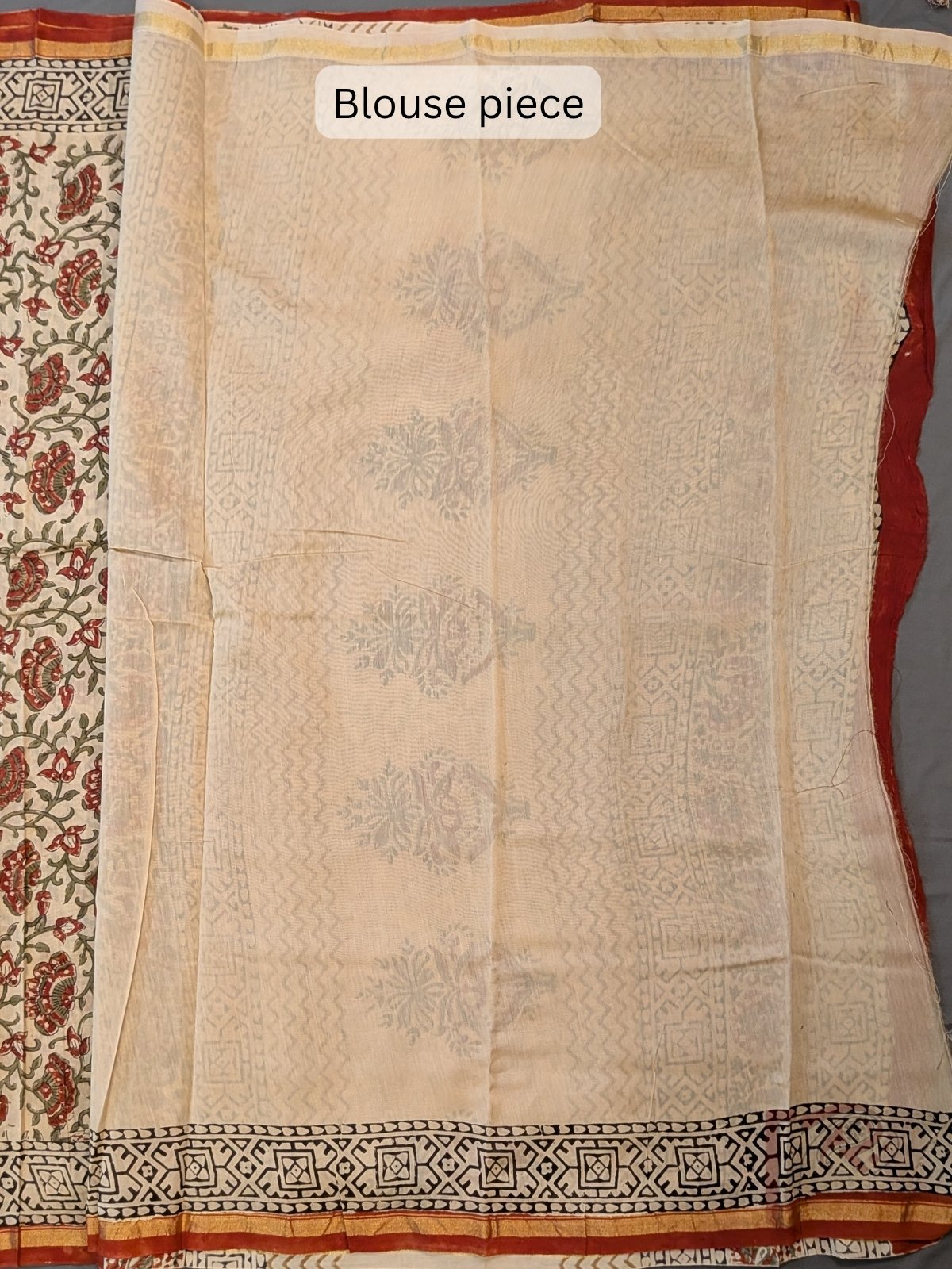 Chanderi Charisma - Cream Brick Red Olive Green Floral Creeper Kalamkari Cotton Silk Chanderi Saree - Image 8