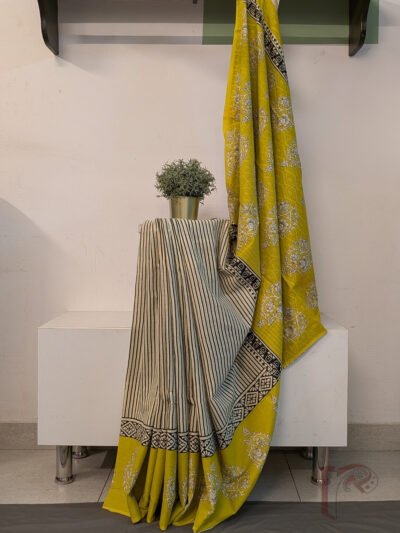 Mulmul Muse – Half White Mul Cotton Saree with Lime Green Artistic Border and Geometric Prints