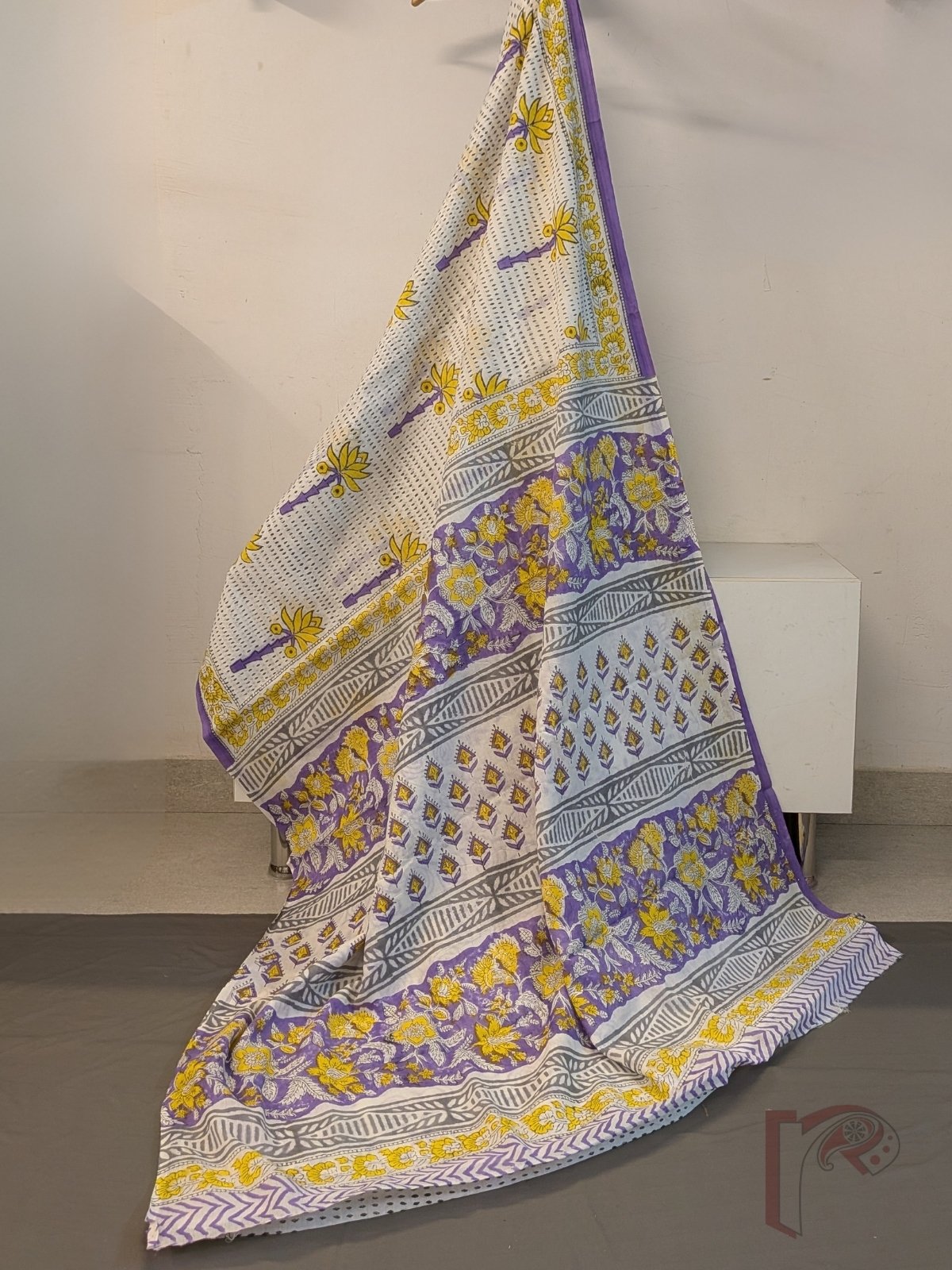 Mulmul Muse – White Mul Cotton Saree with Yellow and Lavender Floral Print - Image 3