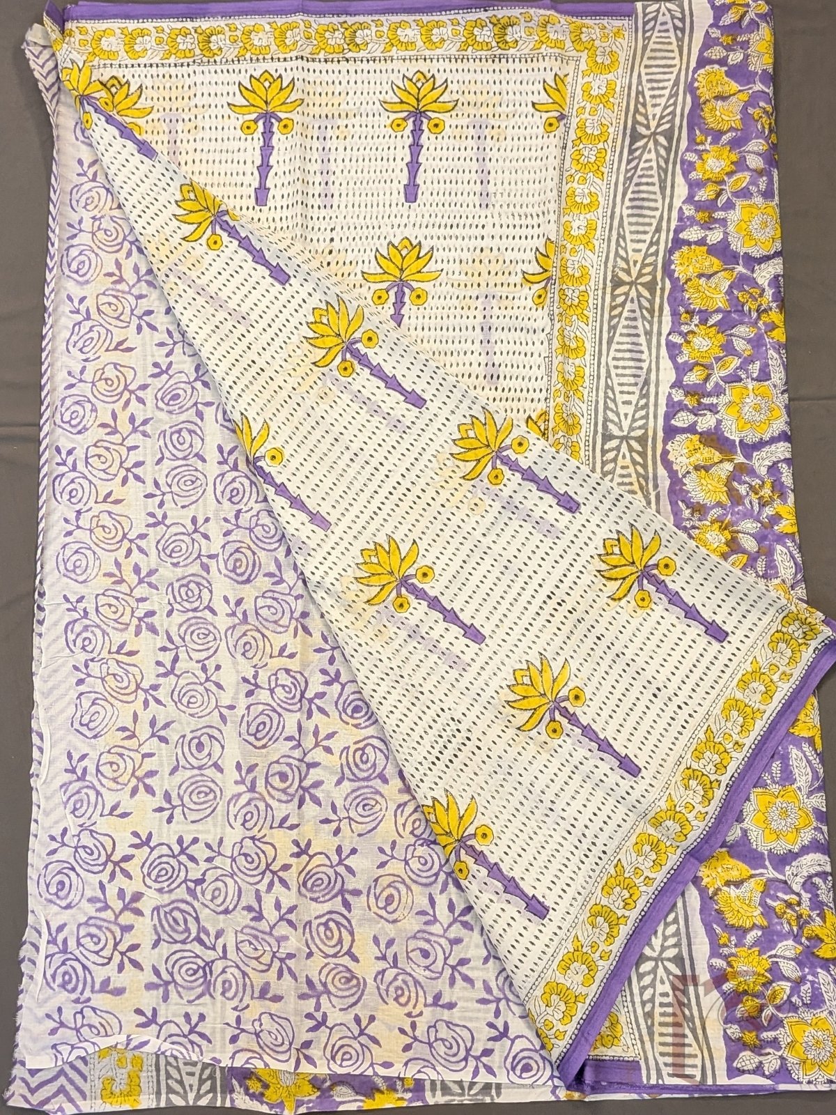 Mulmul Muse – White Mul Cotton Saree with Yellow and Lavender Floral Print - Image 4