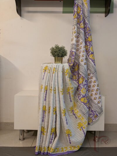 Mulmul Muse – White Mul Cotton Saree with Yellow and Lavender Floral Print
