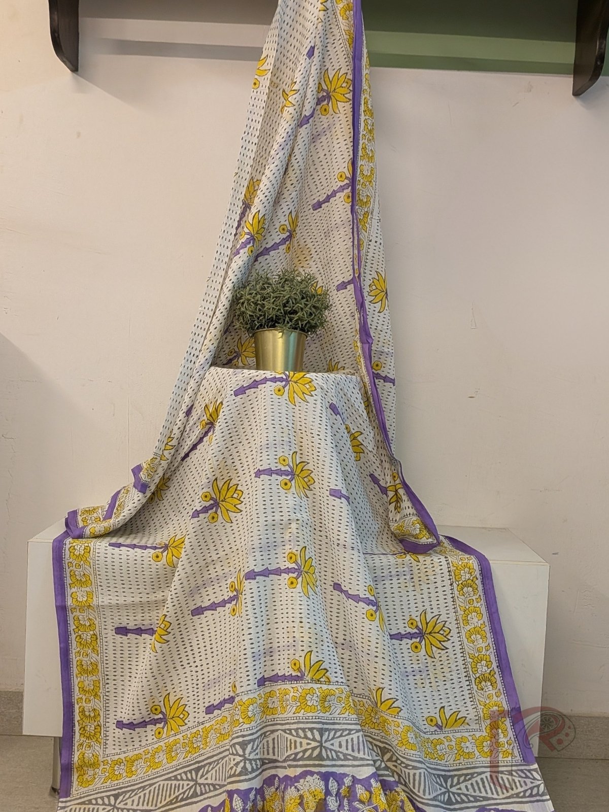 Mulmul Muse – White Mul Cotton Saree with Yellow and Lavender Floral Print - Image 6