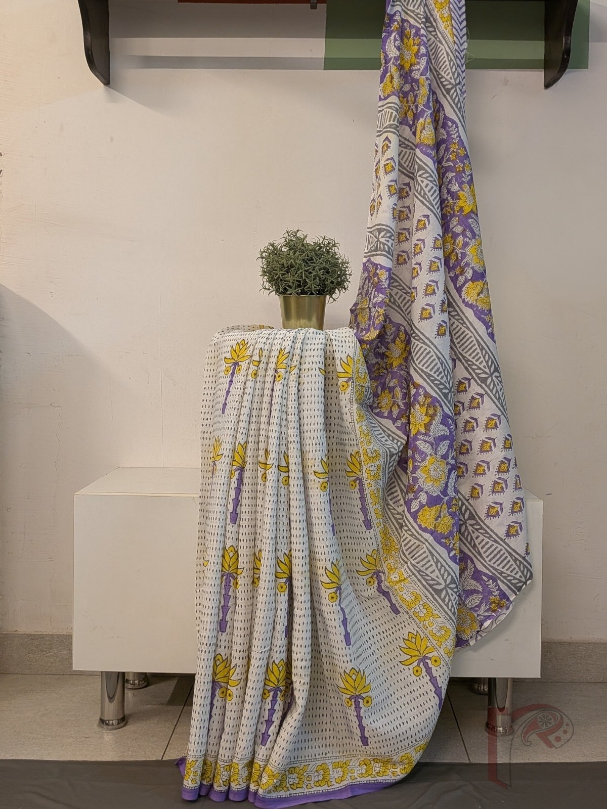 Mulmul Muse – White Mul Cotton Saree with Yellow and Lavender Floral Print