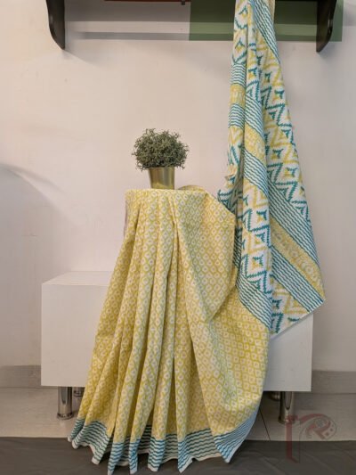 Mulmul Muse – Lime Green Mul Cotton Saree with Teal Geometric Jaal Print