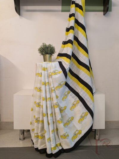 Mulmul Muse – Off-White Mul Cotton Saree with Yellow Ambassador Taxi Motifs