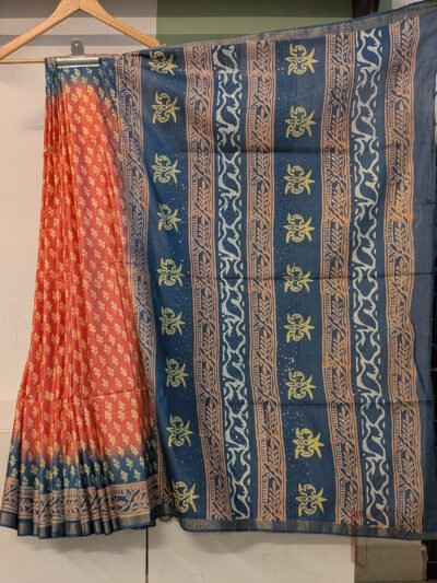 Jayshree Jiva - Peachy Orange and Ink Blue Ombre Cotton Silk Saree with Leafy Butis and Shield Motif Pallu