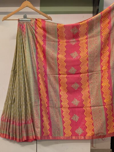 Jayshree Jiva - Sage Green and Coral Pink Ombre Cotton Silk Saree with Floral Butis and Chevron Border