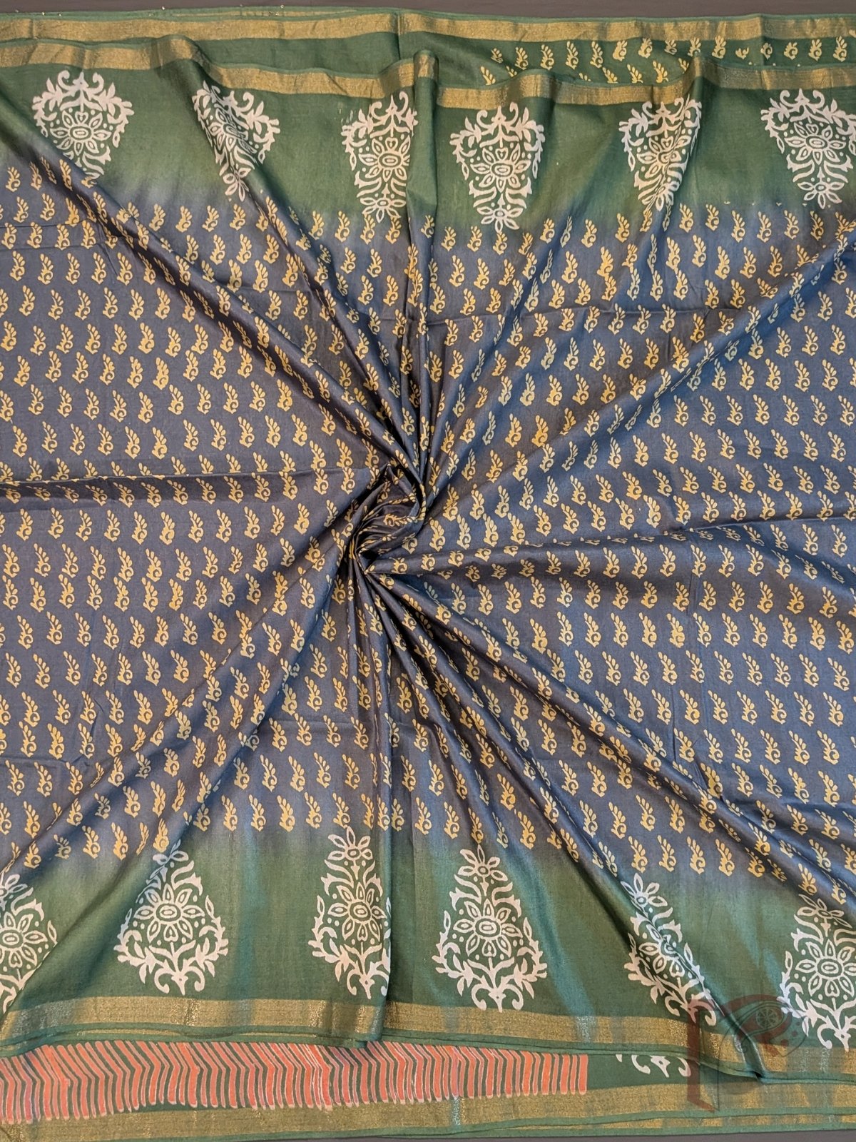 Jayshree Jiva - Slate Grey and Dark Sage Green Ombre Cotton Silk Saree with Floral Border and Sequined Pallu - Image 3