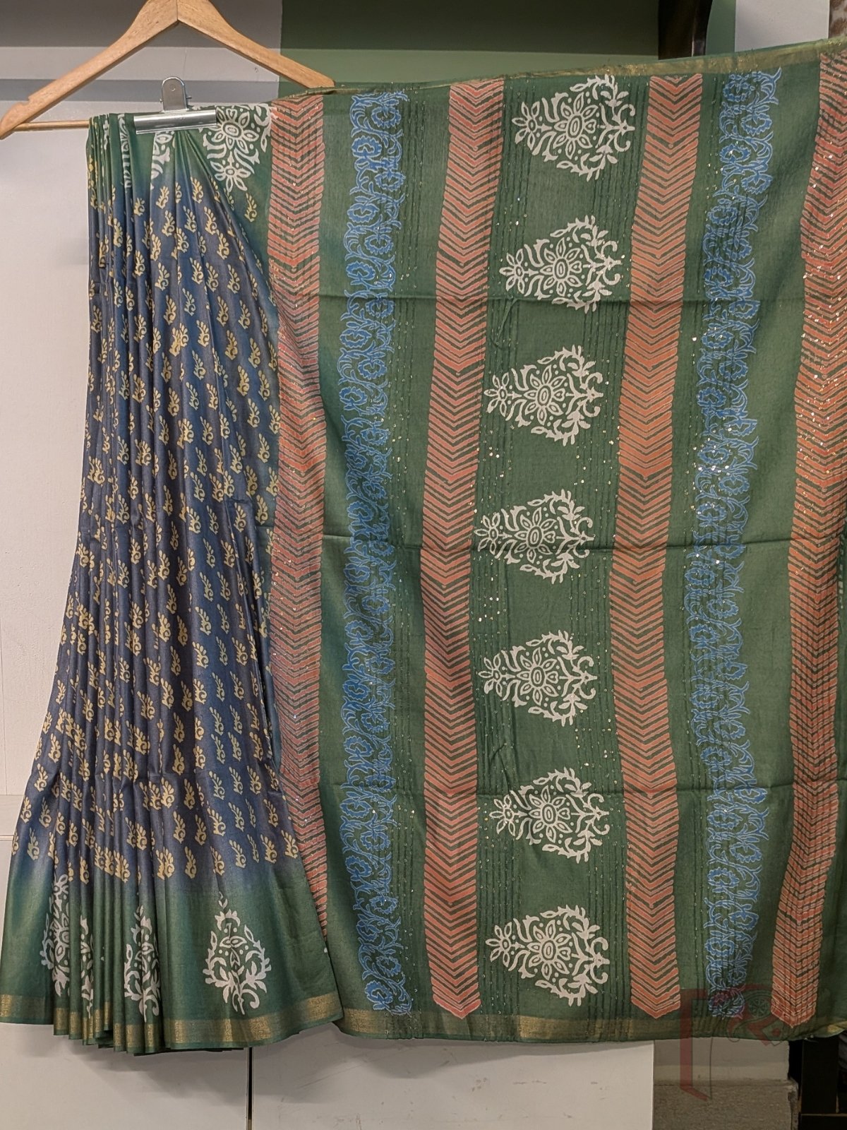 Jayshree Jiva - Slate Grey and Dark Sage Green Ombre Cotton Silk Saree with Floral Border and Sequined Pallu