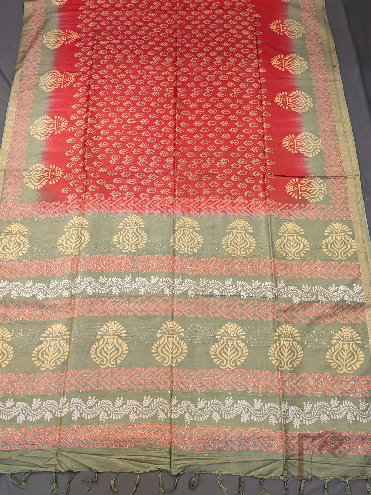 Jayshree Jiva - Coral Red and Light Sage Green Cotton Silk Saree with Paisley Border and Sequined Pallu - Image 4