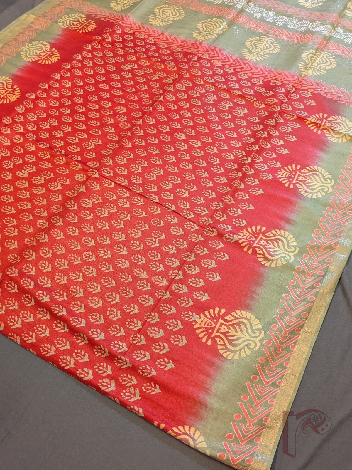 Jayshree Jiva - Coral Red and Light Sage Green Cotton Silk Saree with Paisley Border and Sequined Pallu - Image 5