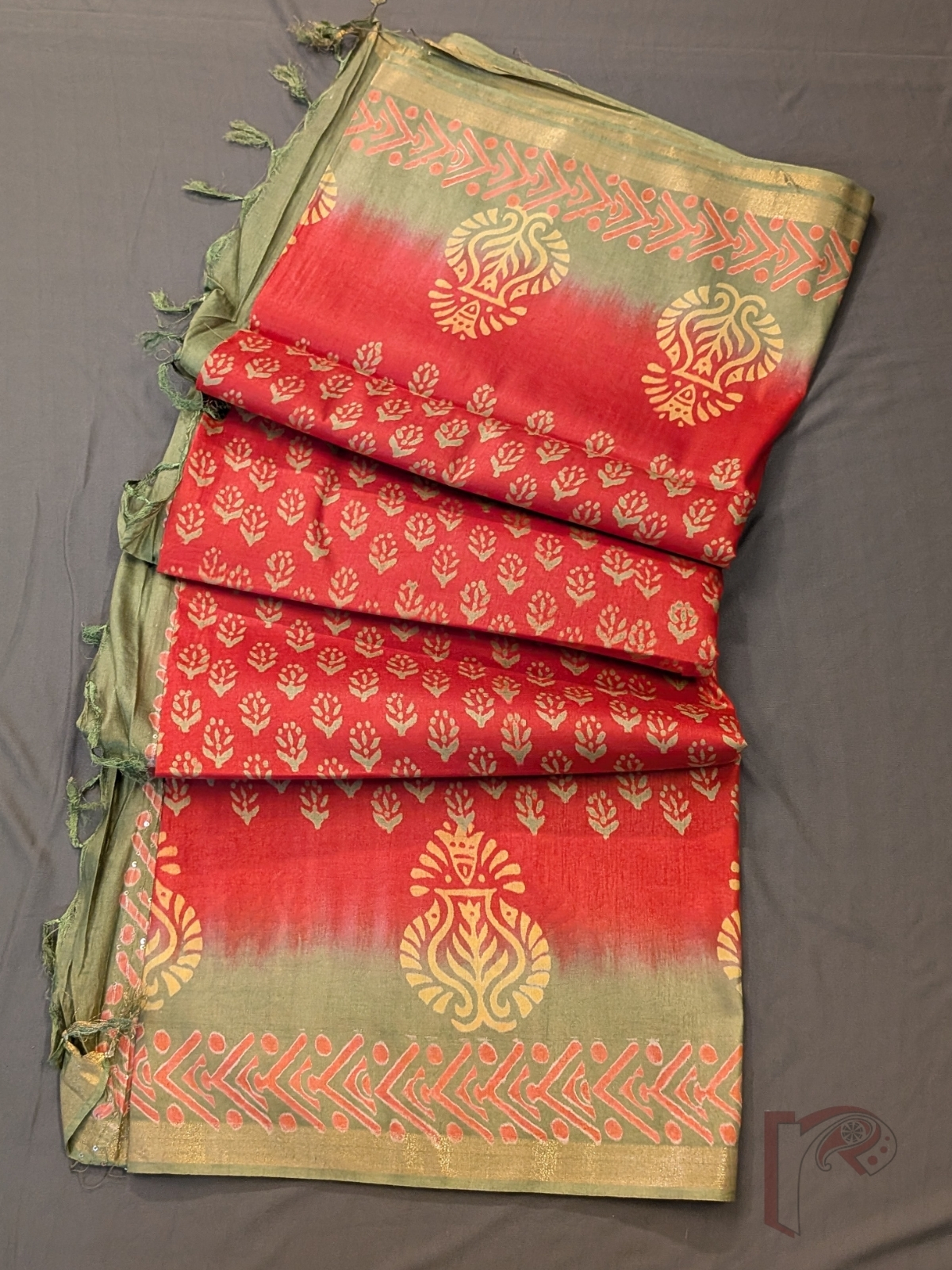 Jayshree Jiva - Coral Red and Light Sage Green Cotton Silk Saree with Paisley Border and Sequined Pallu - Image 6