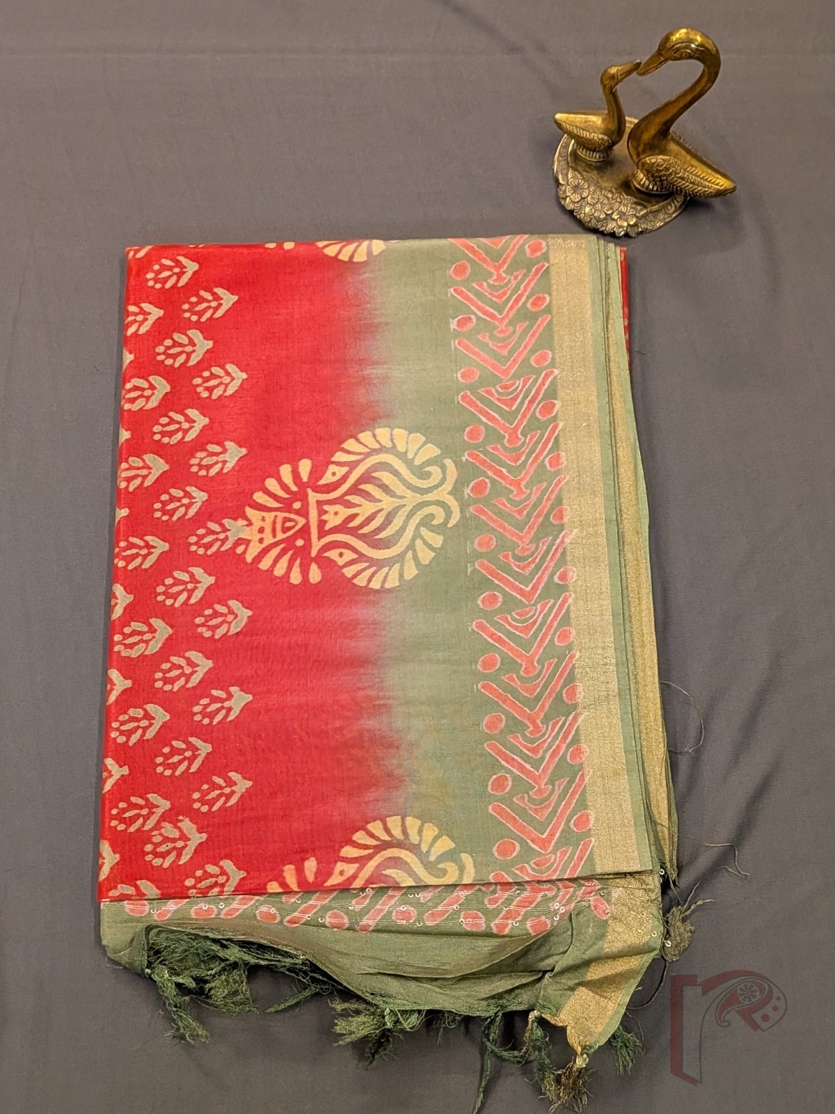 Jayshree Jiva - Coral Red and Light Sage Green Cotton Silk Saree with Paisley Border and Sequined Pallu - Image 7