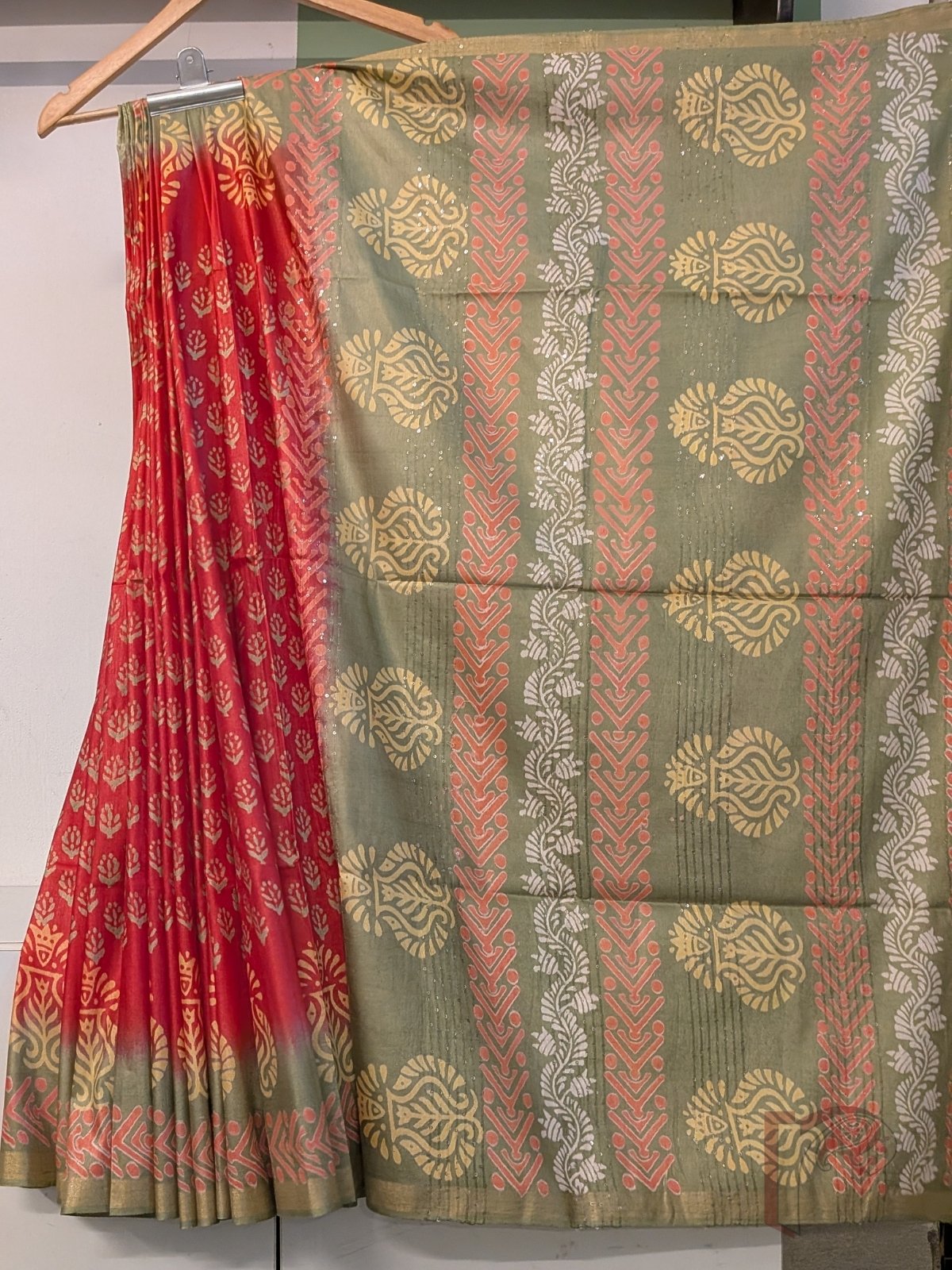 Jayshree Jiva - Coral Red and Light Sage Green Cotton Silk Saree with Paisley Border and Sequined Pallu