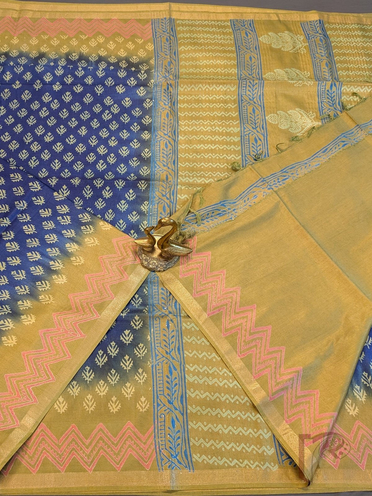 Jayshree Jiva - Indigo Blue and Mustard Gold Ombre Cotton Silk Saree with Mughal Butas and Chevron Borders - Image 2