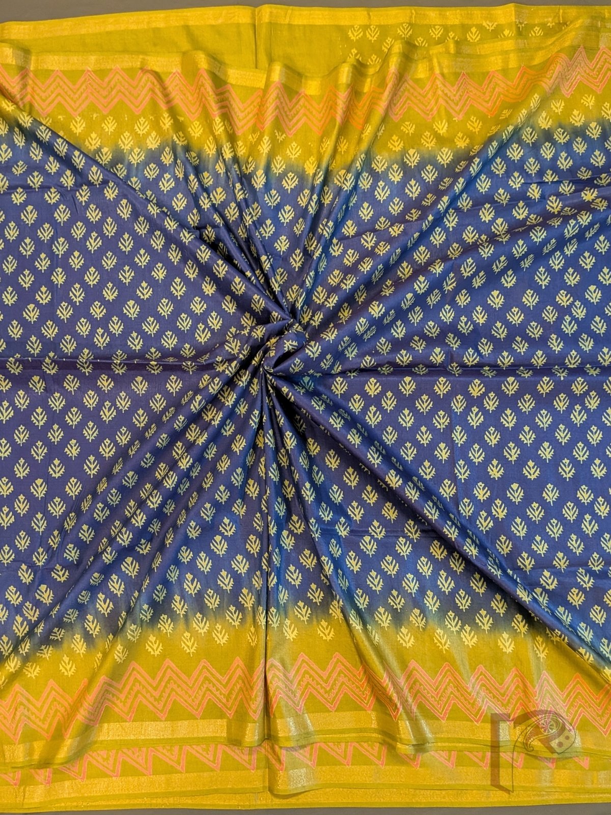 Jayshree Jiva - Indigo Blue and Mustard Gold Ombre Cotton Silk Saree with Mughal Butas and Chevron Borders - Image 3