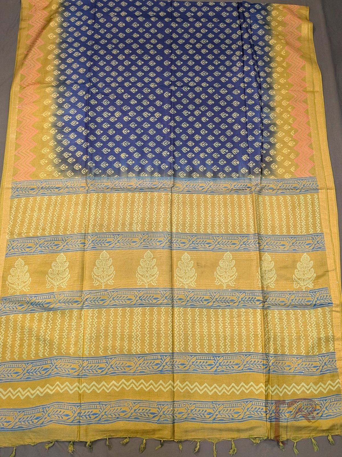 Jayshree Jiva - Indigo Blue and Mustard Gold Ombre Cotton Silk Saree with Mughal Butas and Chevron Borders - Image 4