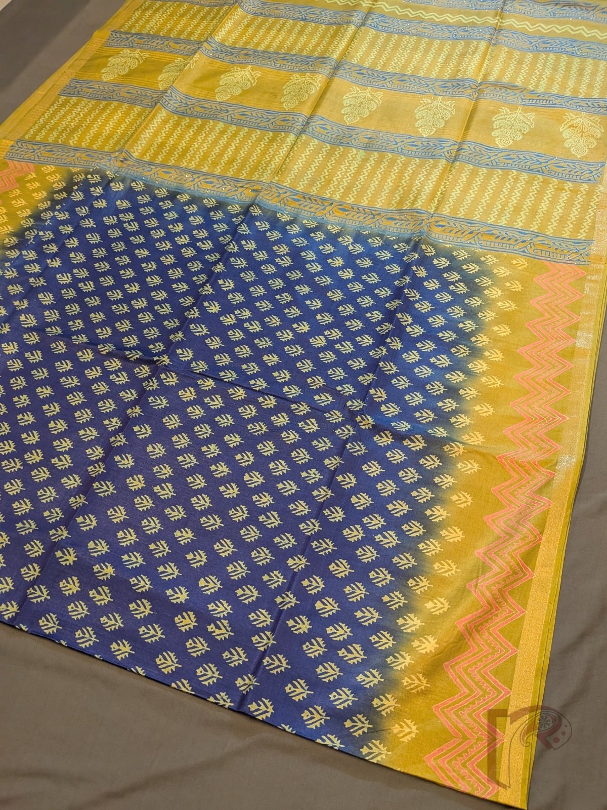 Jayshree Jiva - Indigo Blue and Mustard Gold Ombre Cotton Silk Saree with Mughal Butas and Chevron Borders - Image 5