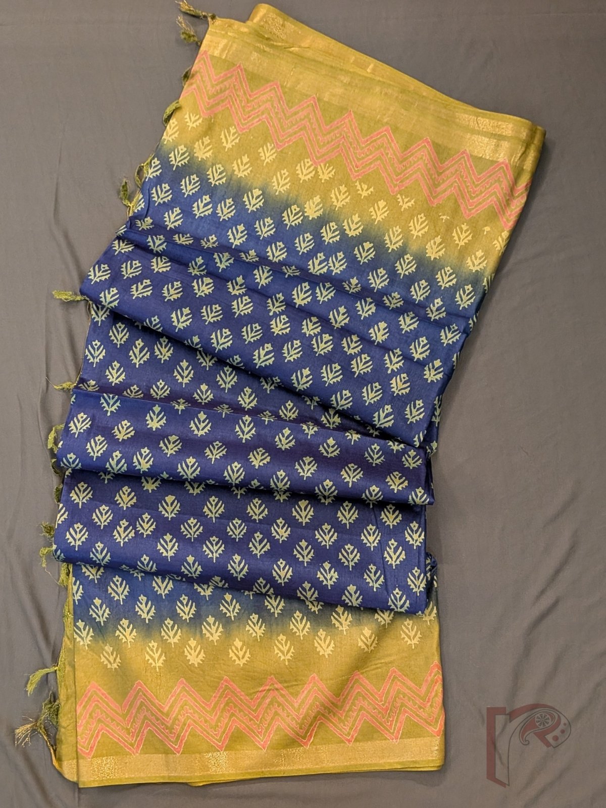 Jayshree Jiva - Indigo Blue and Mustard Gold Ombre Cotton Silk Saree with Mughal Butas and Chevron Borders - Image 6