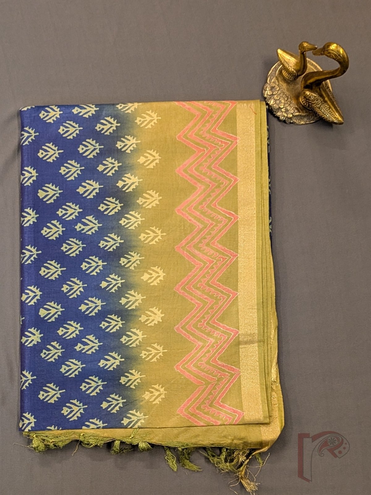 Jayshree Jiva - Indigo Blue and Mustard Gold Ombre Cotton Silk Saree with Mughal Butas and Chevron Borders - Image 7