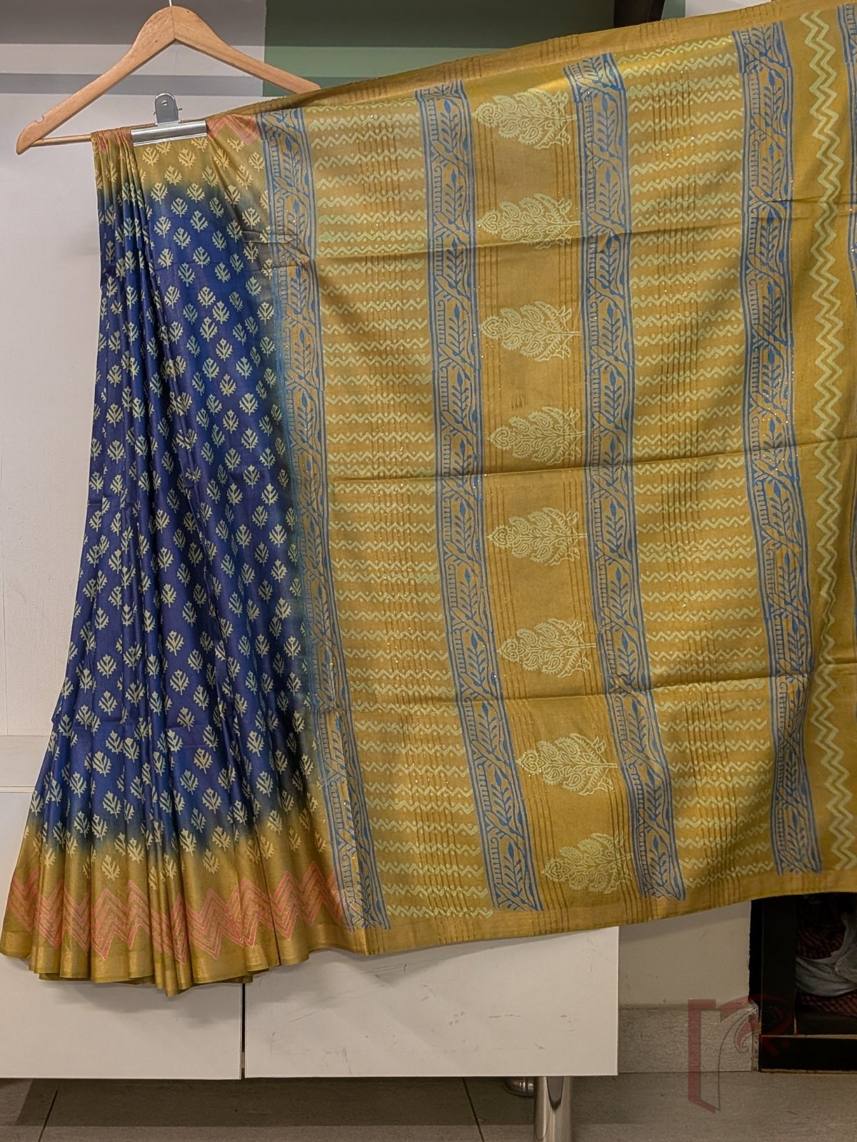 Jayshree Jiva - Indigo Blue and Mustard Gold Ombre Cotton Silk Saree with Mughal Butas and Chevron Borders