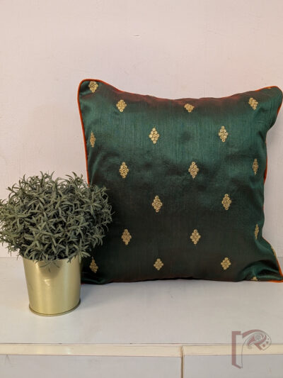 Cozy Cushion: Dark Green Raw Silk with Circular Thread Motif Diamond Pattern Cushion Cover 16" x 16"