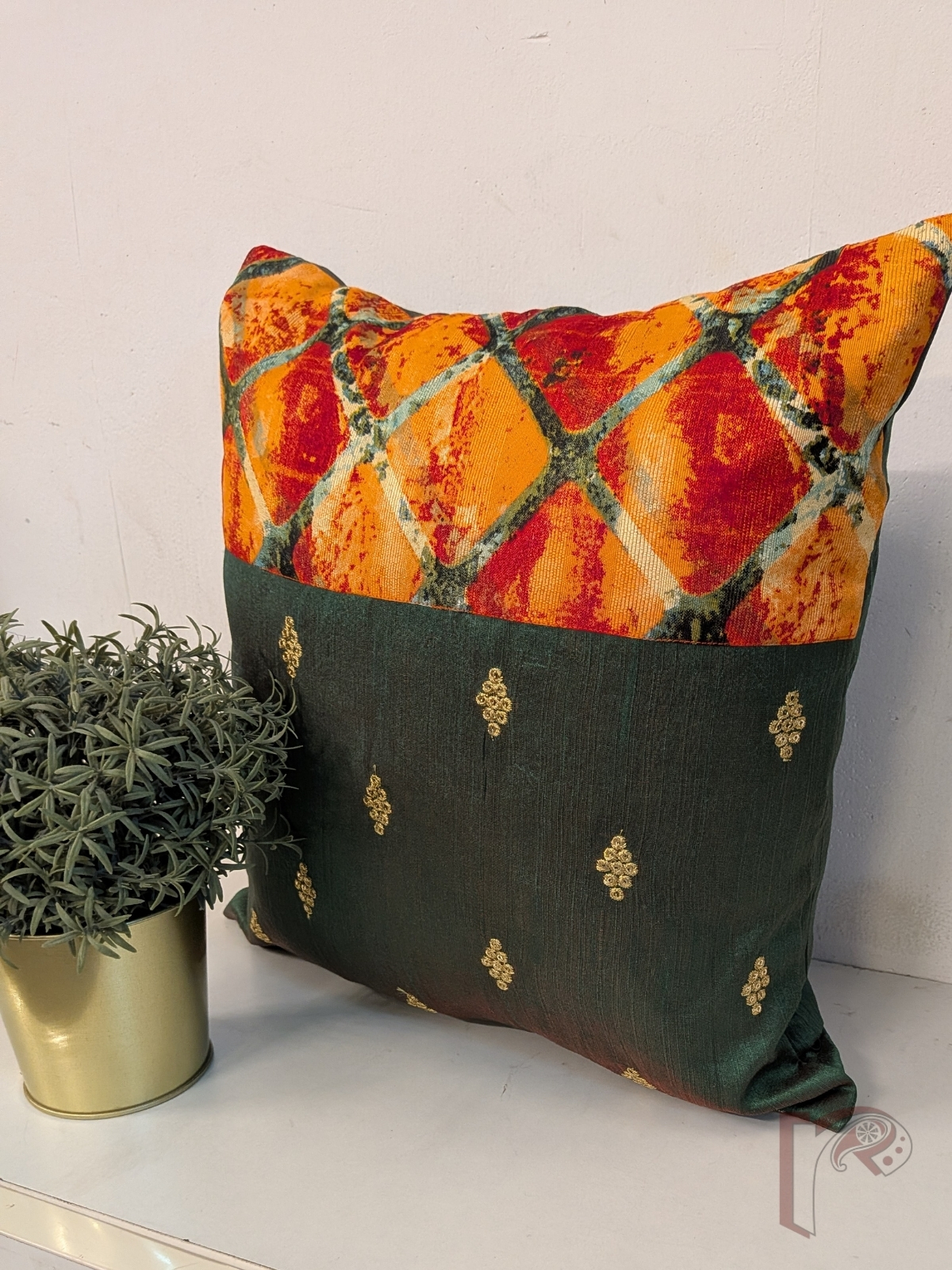 Cozy Cushion: Dark Green Raw Silk & Orange Digital Print Diamond Motif Cushion Cover 16" x 16" - Image 2