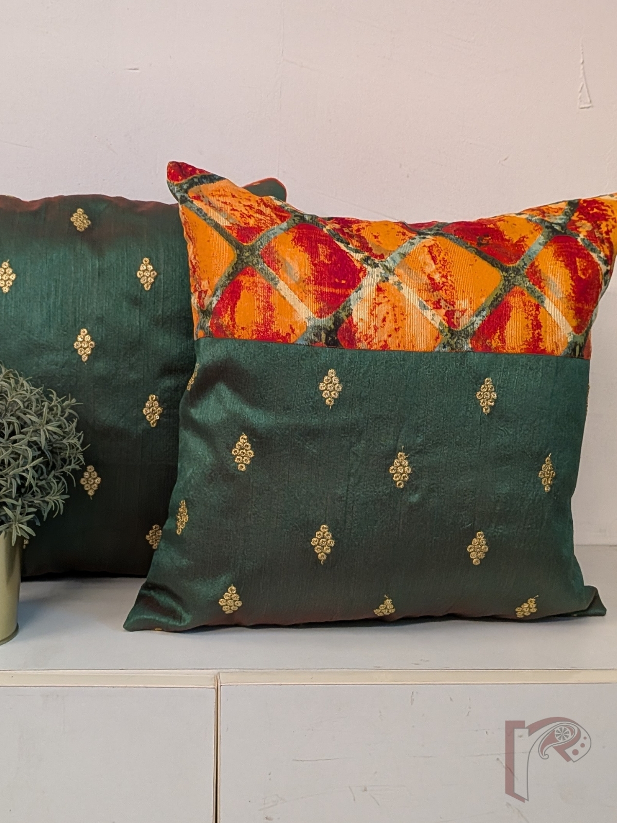 Cozy Cushion: Dark Green Raw Silk & Orange Digital Print Diamond Motif Cushion Cover 16" x 16" - Image 3