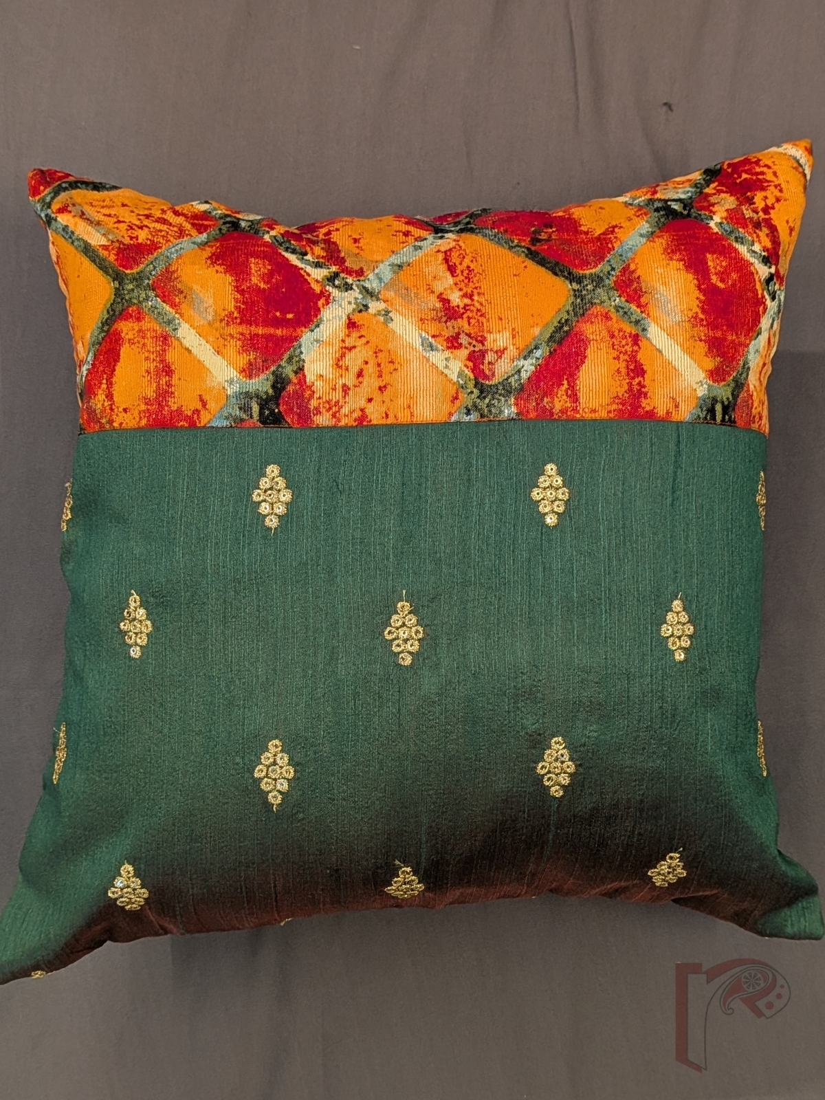 Cozy Cushion: Dark Green Raw Silk & Orange Digital Print Diamond Motif Cushion Cover 16" x 16" - Image 4