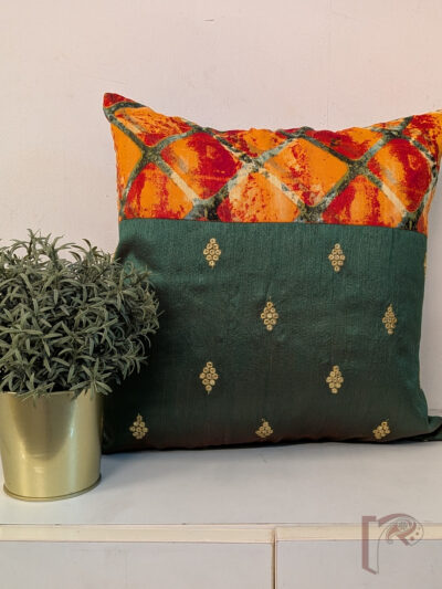 Cozy Cushion: Dark Green Raw Silk & Orange Digital Print Diamond Motif Cushion Cover 16" x 16"