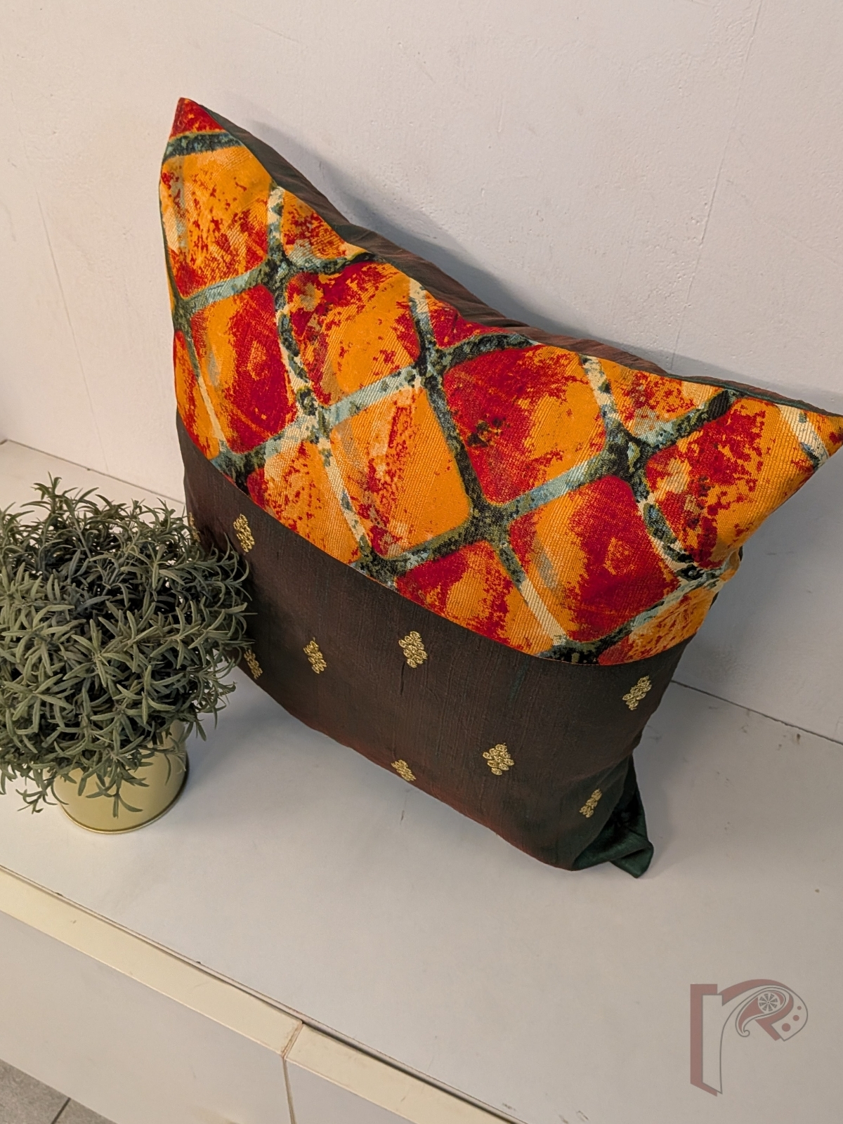 Cozy Cushion: Dark Green Raw Silk & Orange Digital Print Diamond Motif Cushion Cover 16" x 16" - Image 5
