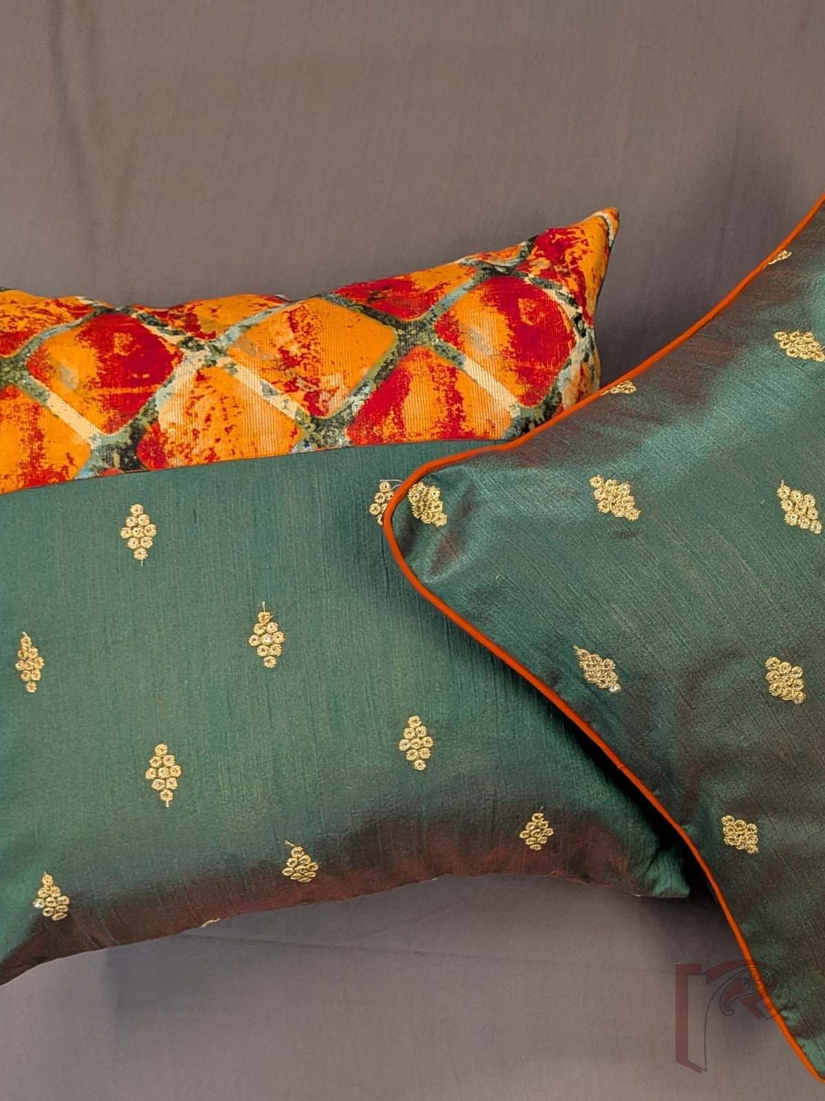 Cozy Cushion: Dark Green Raw Silk & Orange Digital Print Diamond Motif Cushion Cover 16" x 16" - Image 6