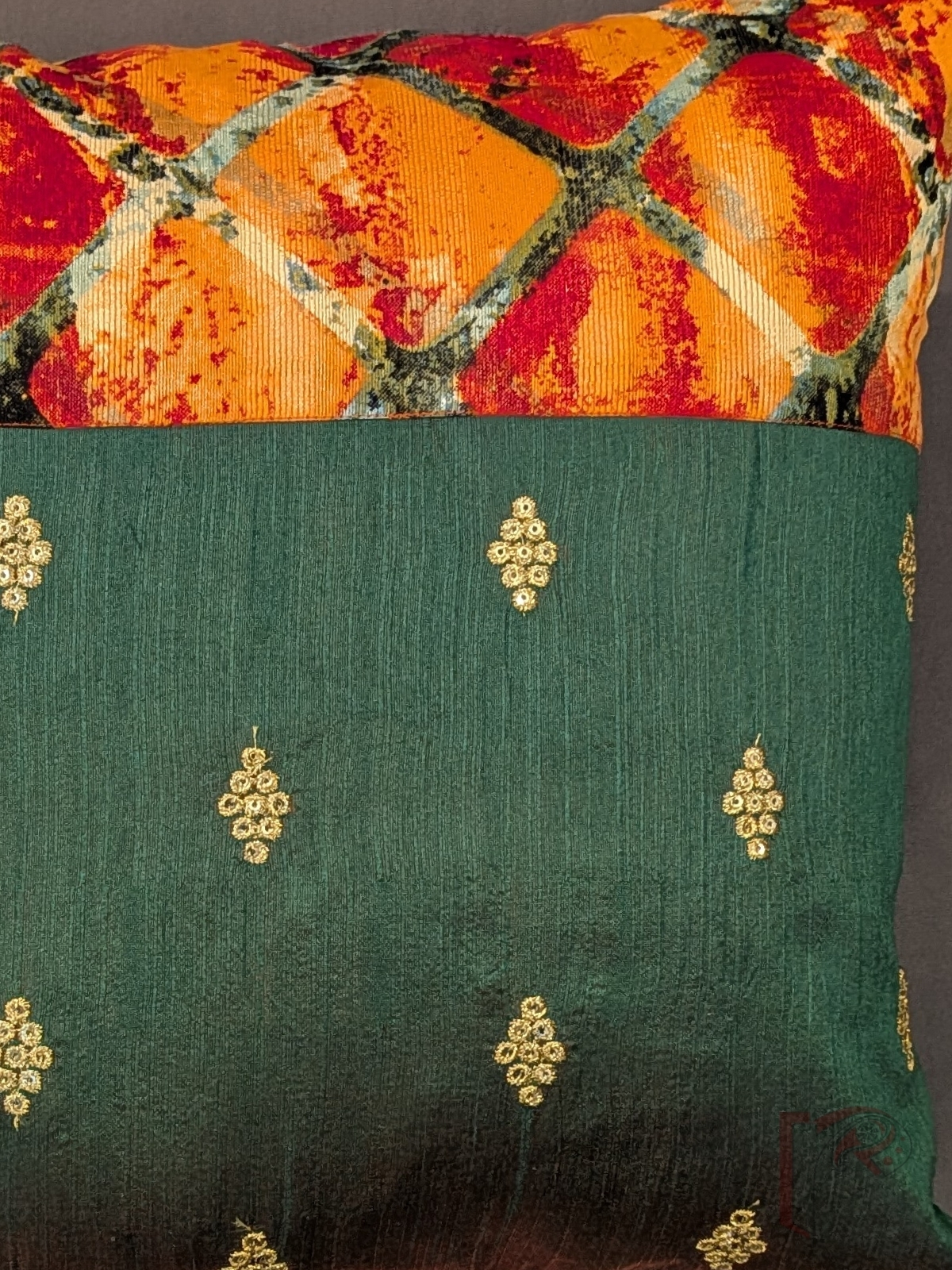 Cozy Cushion: Dark Green Raw Silk & Orange Digital Print Diamond Motif Cushion Cover 16" x 16" - Image 7