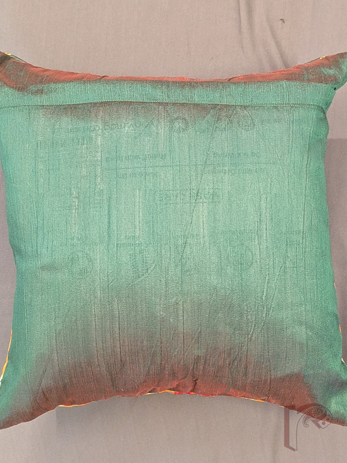 Cozy Cushion: Dark Green Raw Silk & Orange Digital Print Diamond Motif Cushion Cover 16" x 16" - Image 8