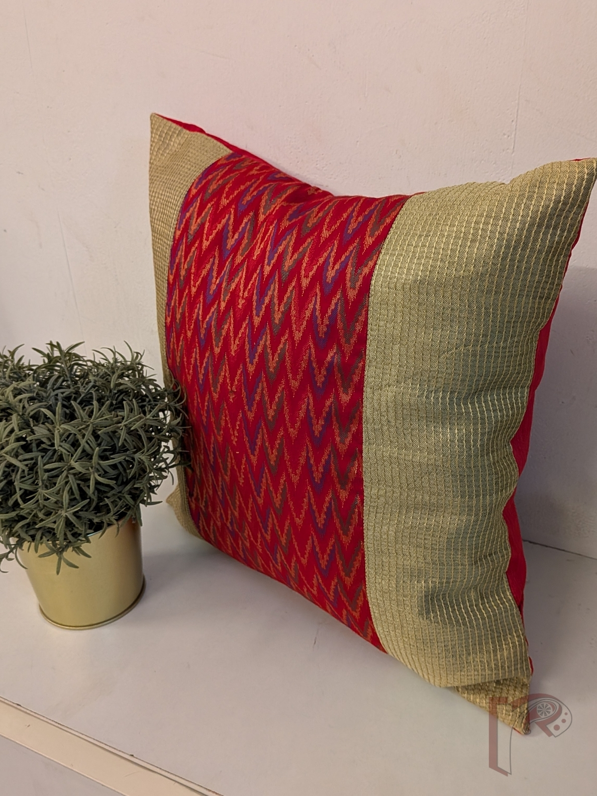 Cozy Cushion: Red & Gold Cotton Silk Banarasi Chevron Panel Cushion Cover 16" x 16" - Image 2